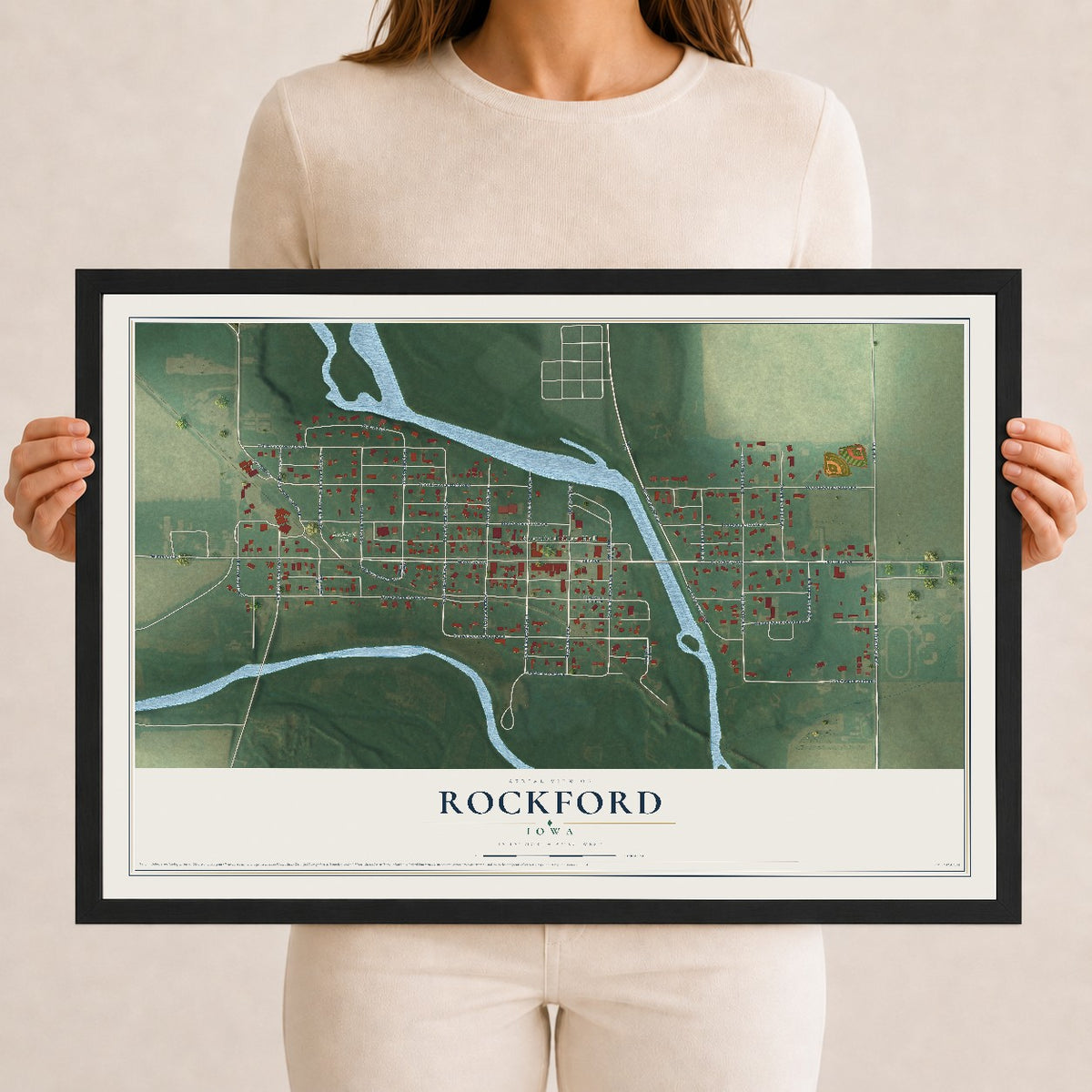 Map of Rockford, Iowa, 12 x 18 inch print in a black wood frame