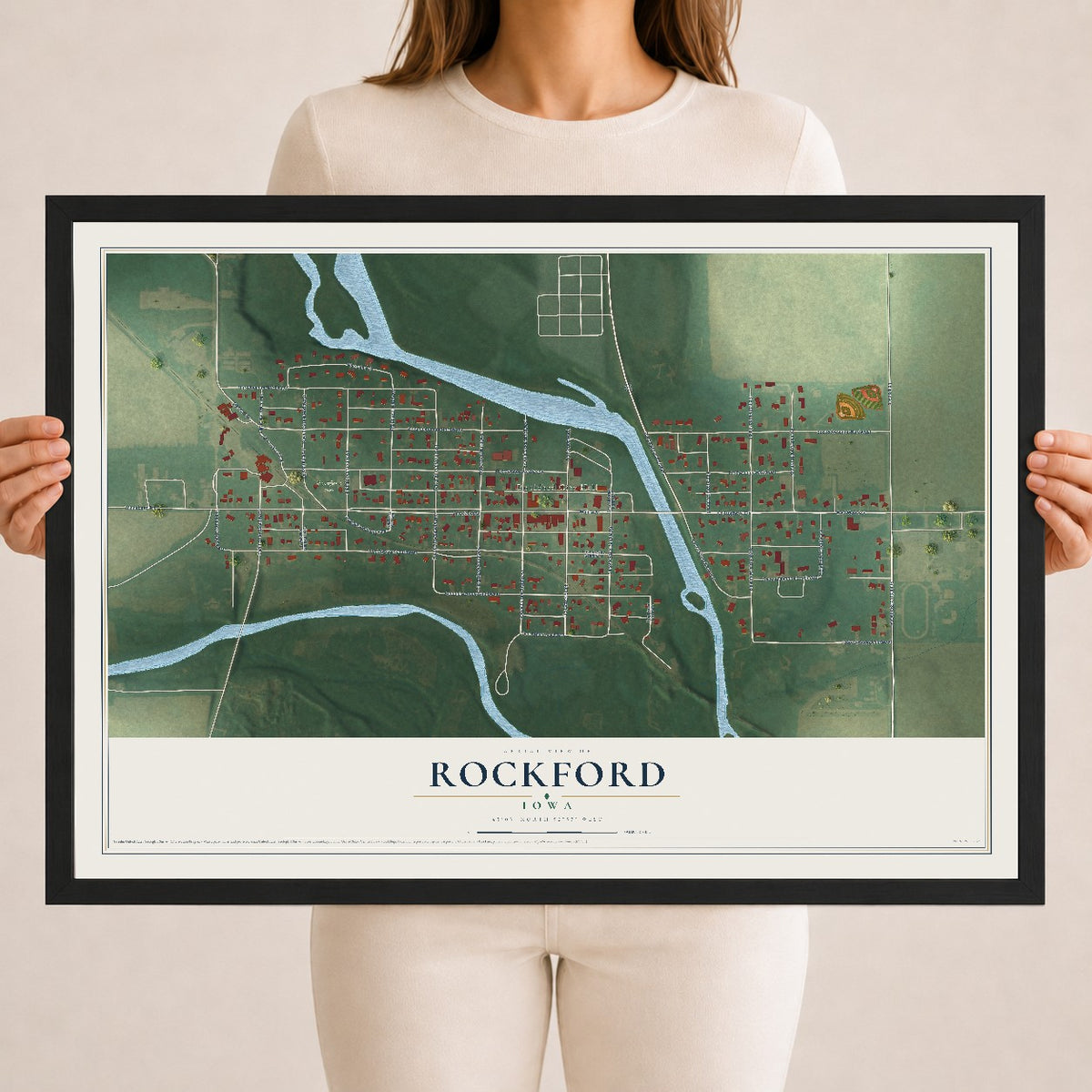 Map of Rockford, Iowa, 18 x 24 inch print in a black wood frame