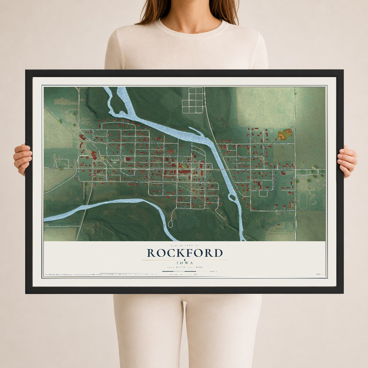 Map of Rockford, Iowa, 24 x 36 inch print in a black wood frame