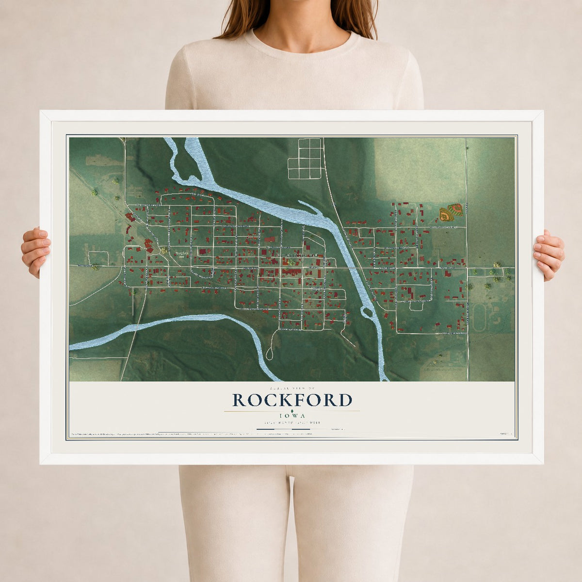 Map of Rockford, Iowa, 24 x 36 inch print in a white wood frame