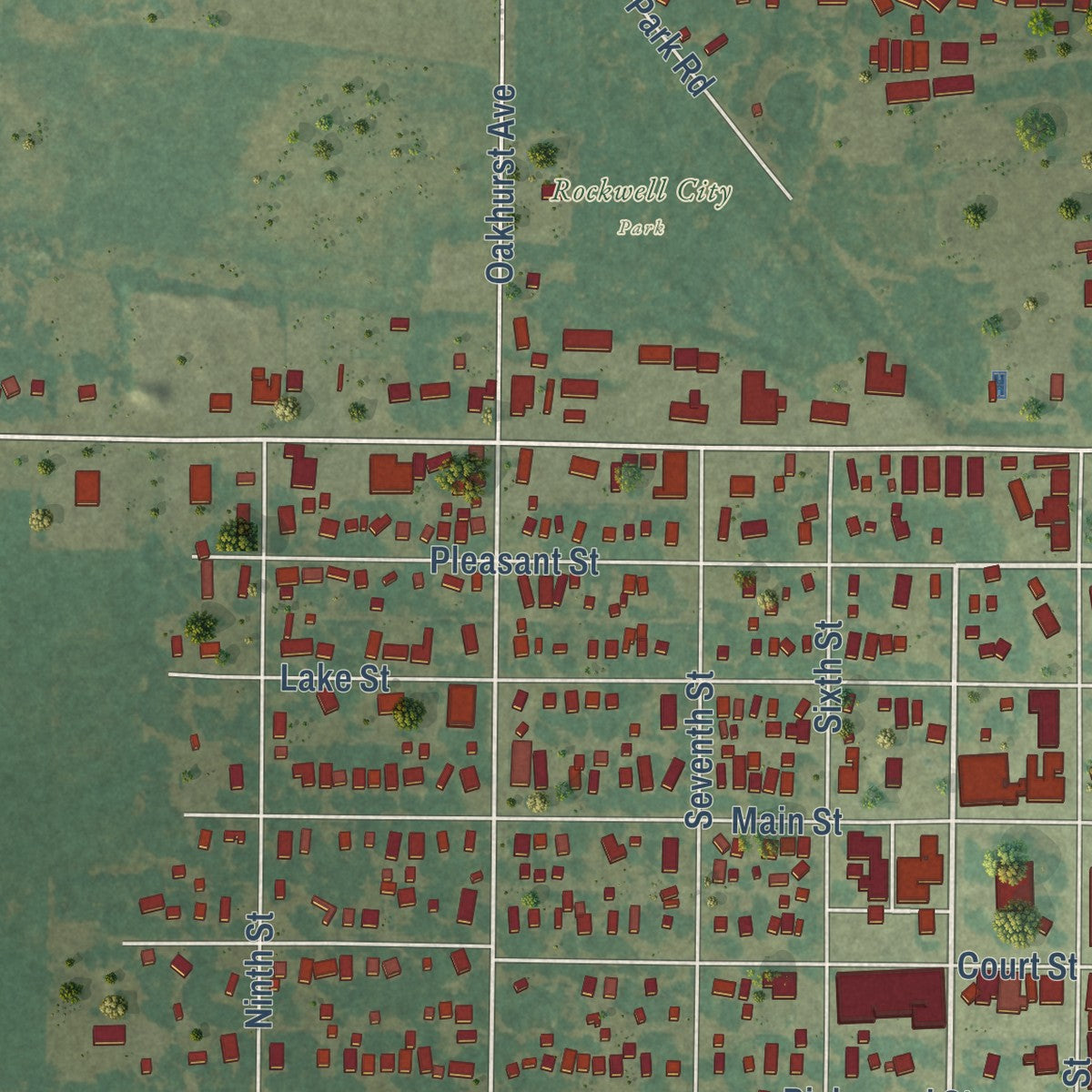Close-up of the map of Rockwell City, Iowa print showing street and building detail