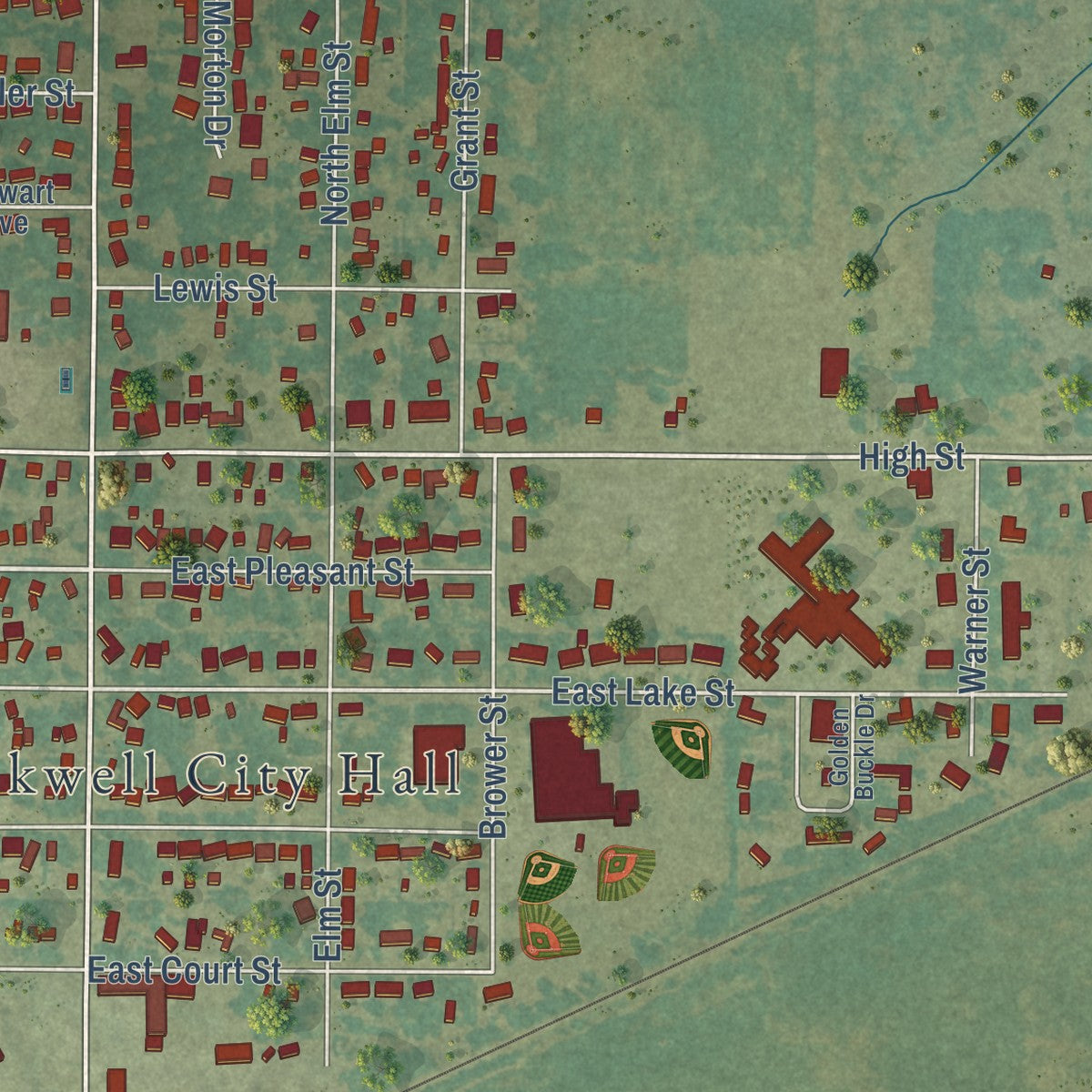 Second close-up of the map of Rockwell City, Iowa print showing more streets and buildings