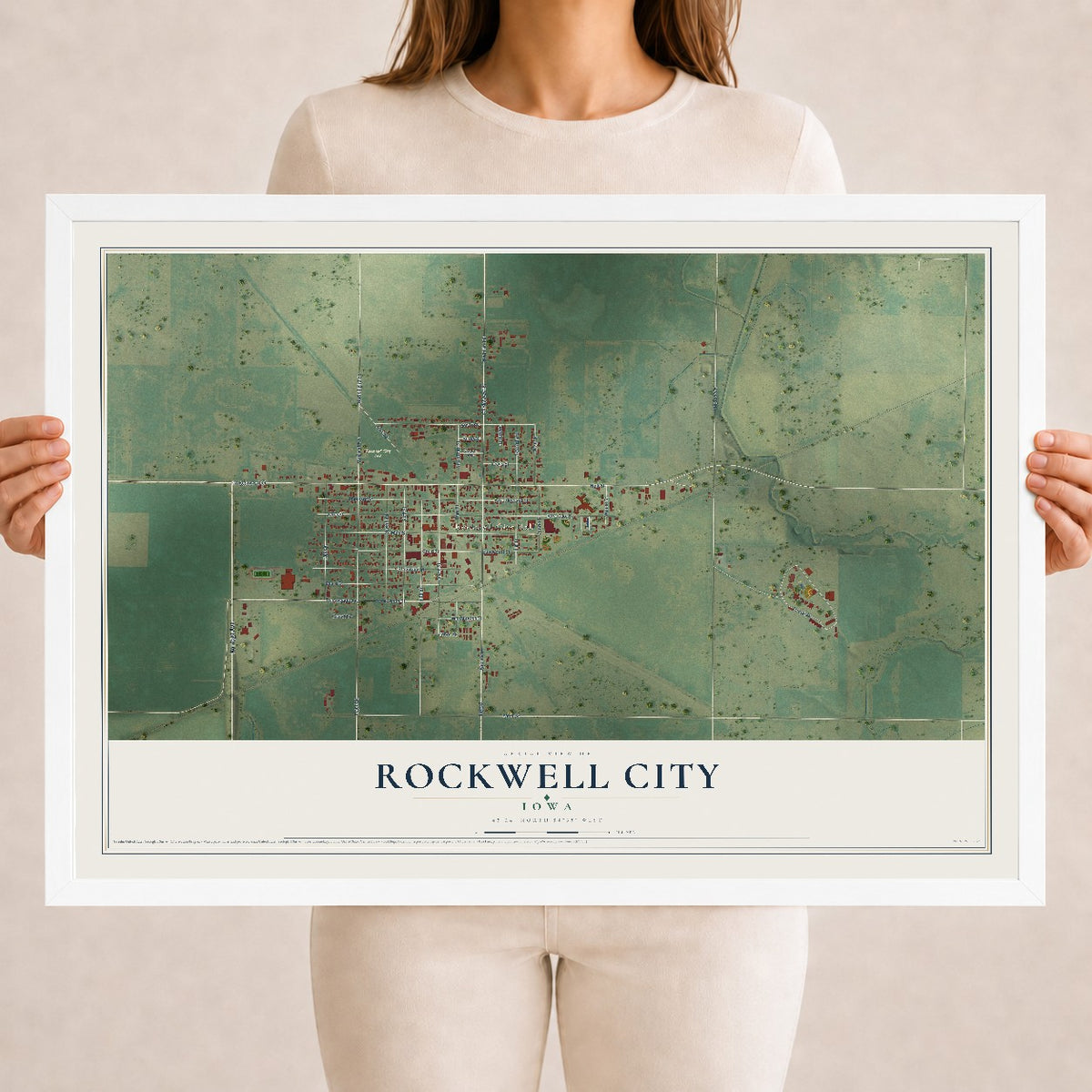 Map of Rockwell City, Iowa, 18 x 24 inch print in a white wood frame