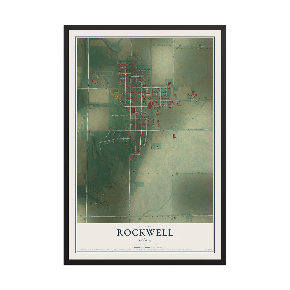 Map of Rockwell, Iowa, 12 x 18 inch print in a black wood frame