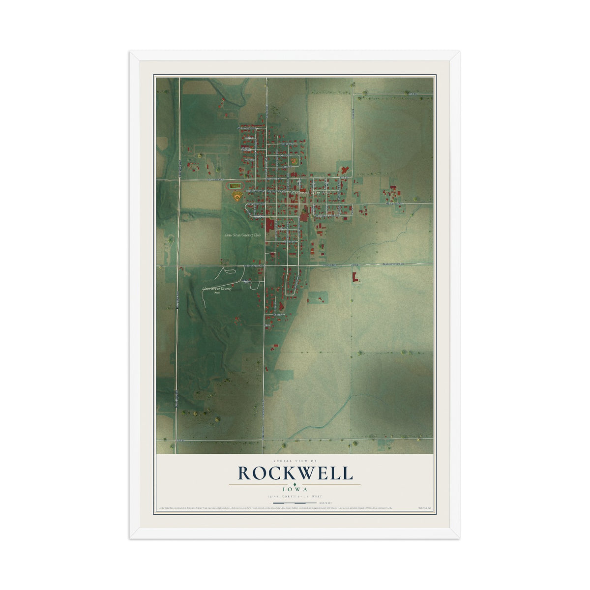 Map of Rockwell, Iowa, 12 x 18 inch print in a white wood frame