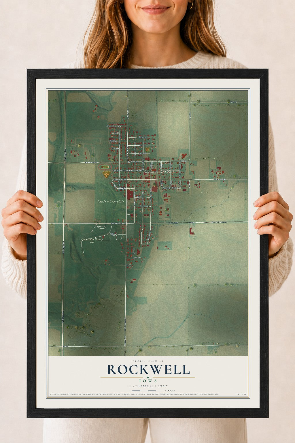 Map of Rockwell, Iowa, 18 x 24 inch print in a black wood frame