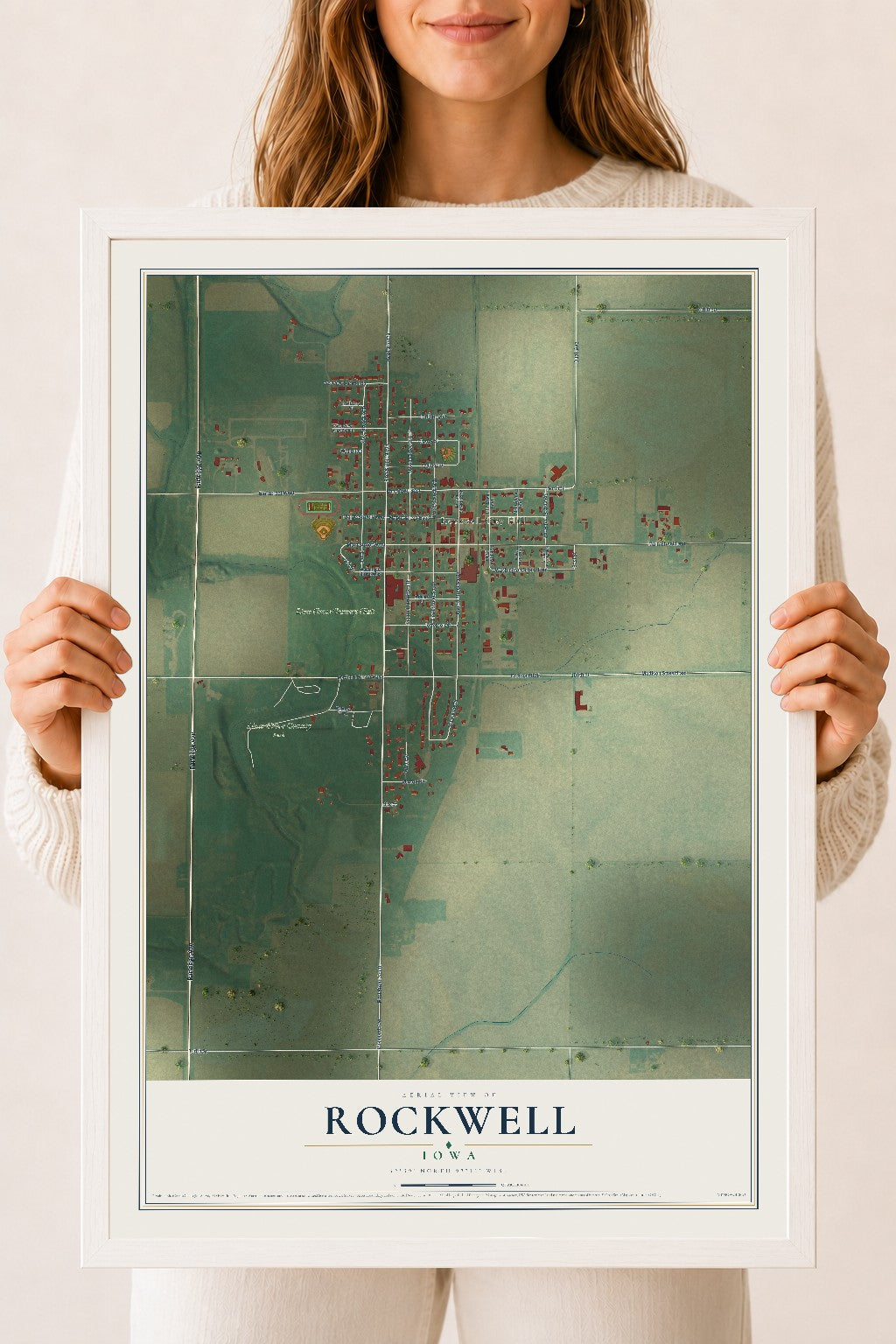 Map of Rockwell, Iowa, 18 x 24 inch print in a white wood frame