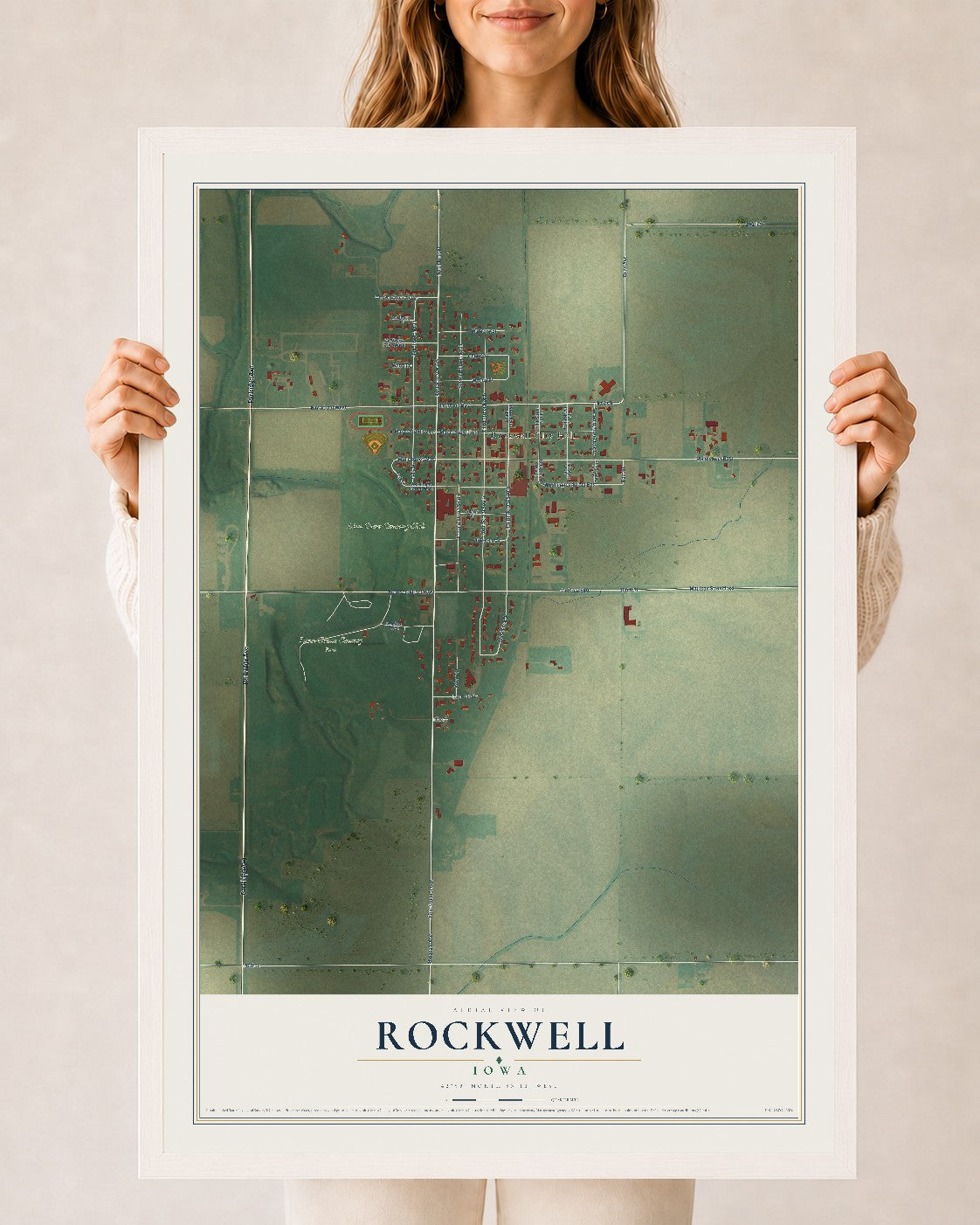 Map of Rockwell, Iowa, 24 x 36 inch print in a white wood frame
