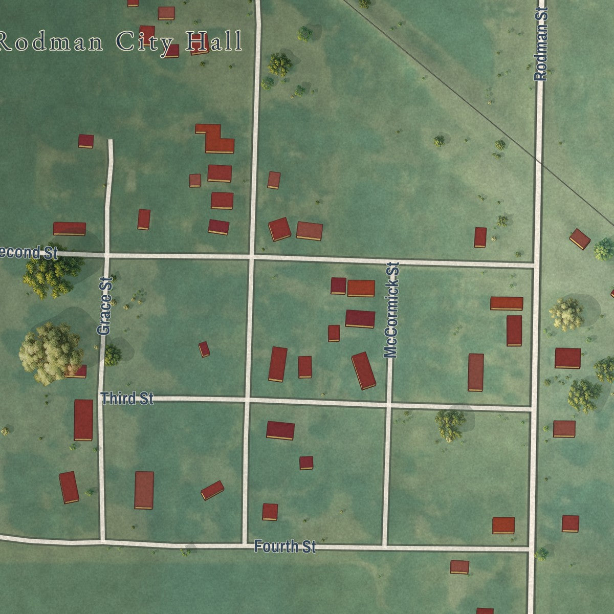 Close-up of the map of Rodman, Iowa print showing street and building detail