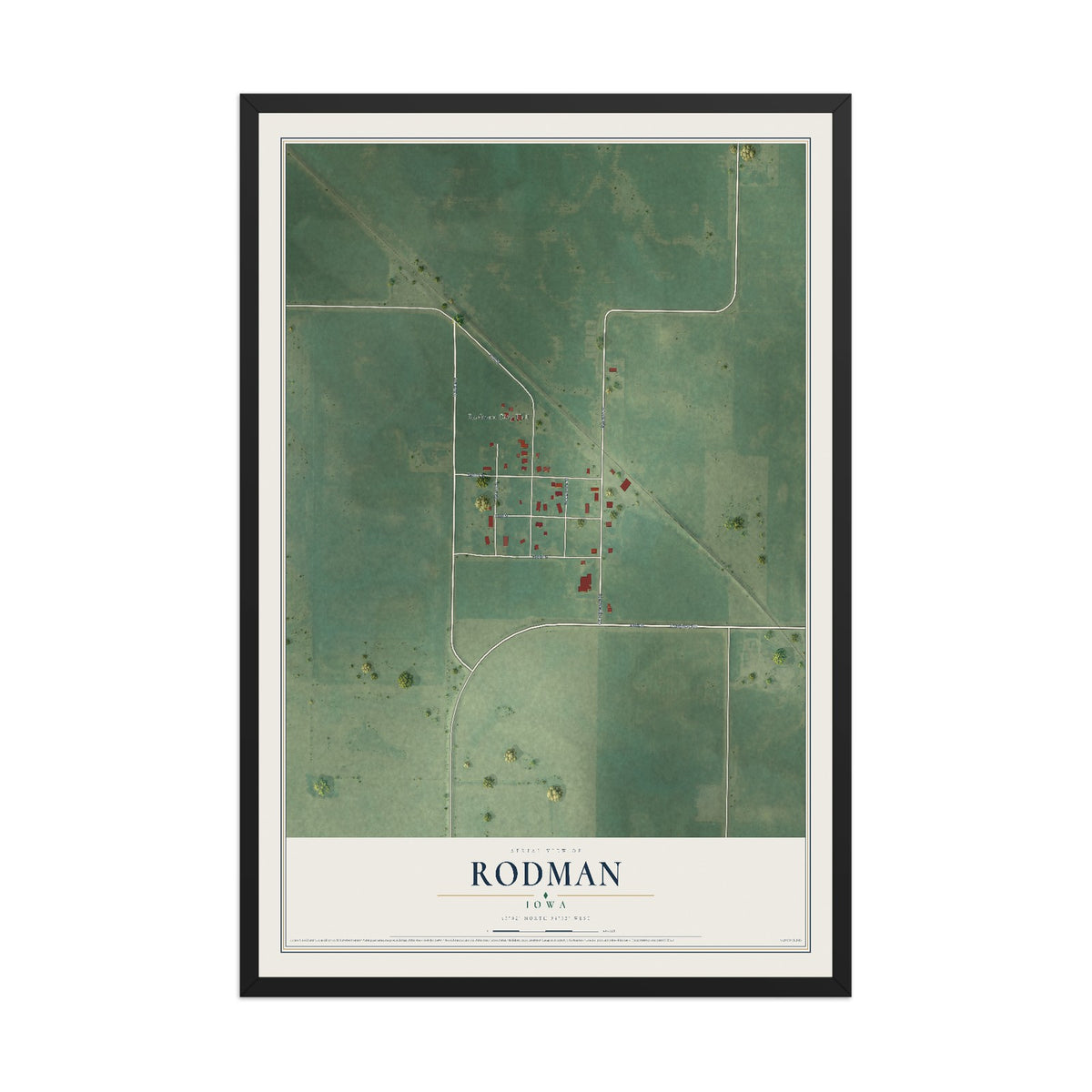 Map of Rodman, Iowa, 12 x 18 inch print in a black wood frame