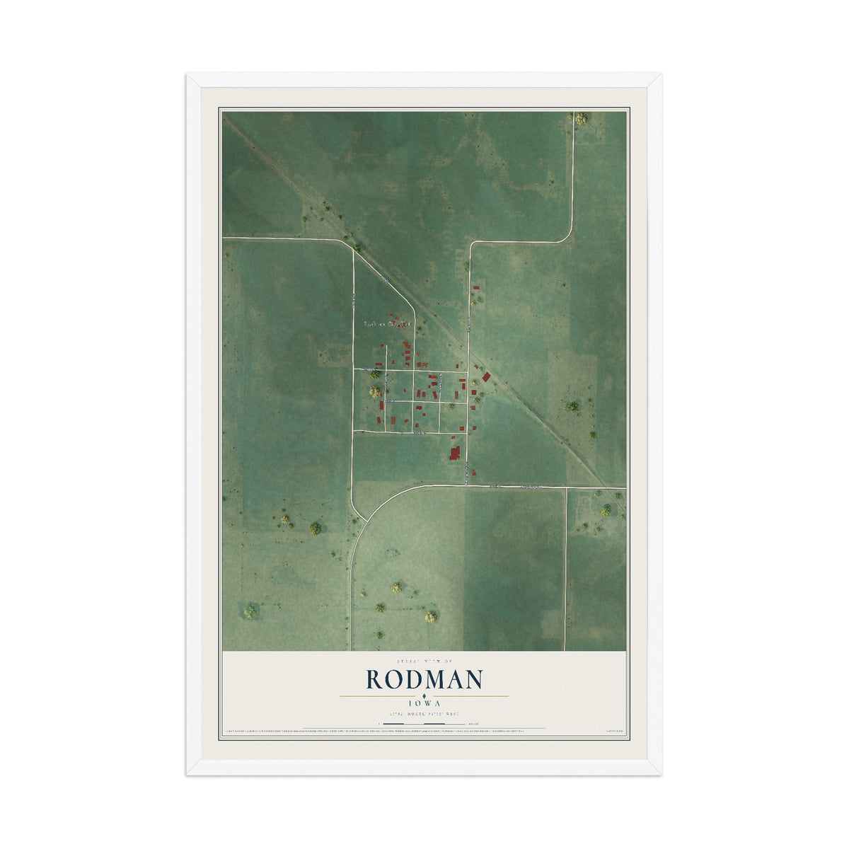 Map of Rodman, Iowa, 12 x 18 inch print in a white wood frame