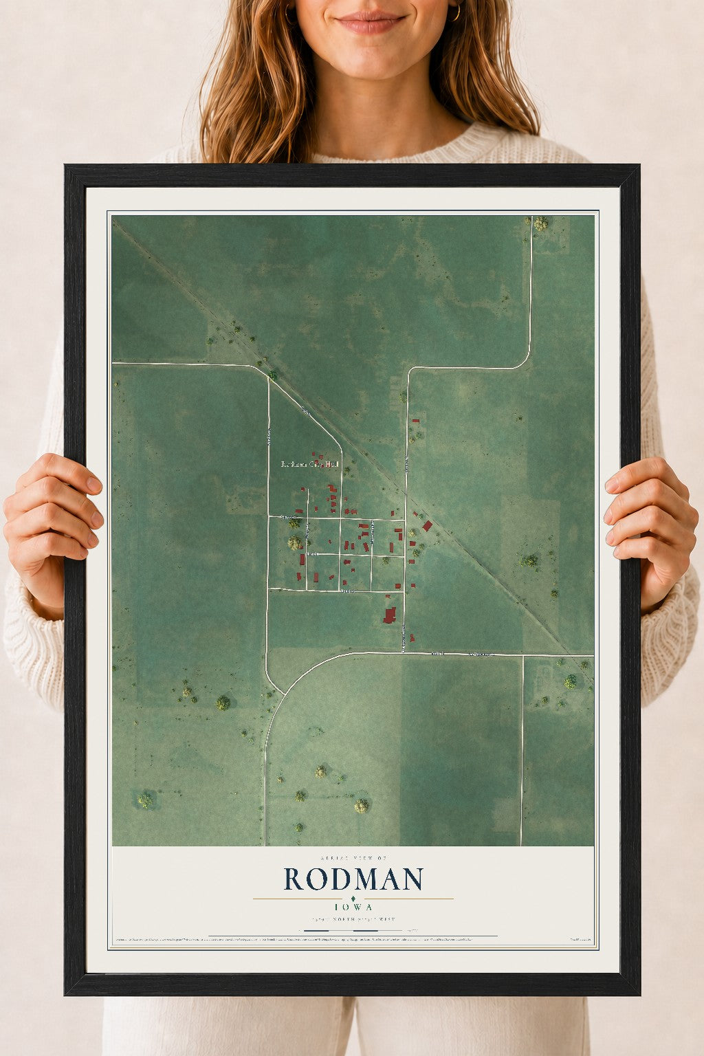 Map of Rodman, Iowa, 18 x 24 inch print in a black wood frame