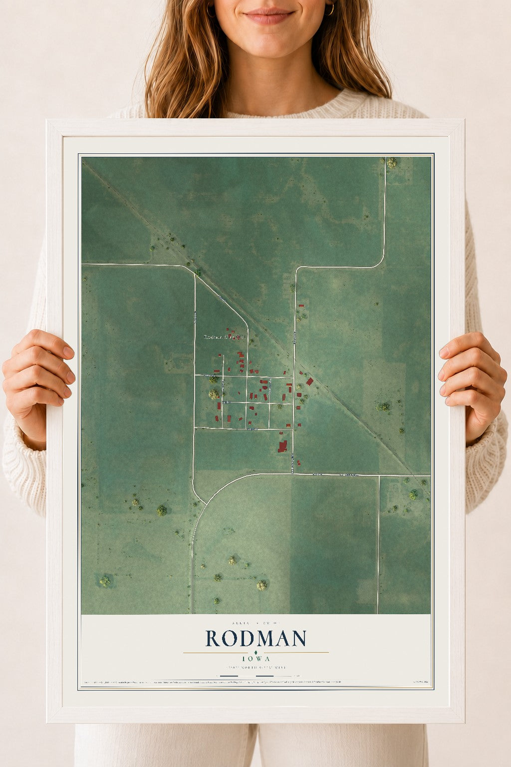 Map of Rodman, Iowa, 18 x 24 inch print in a white wood frame