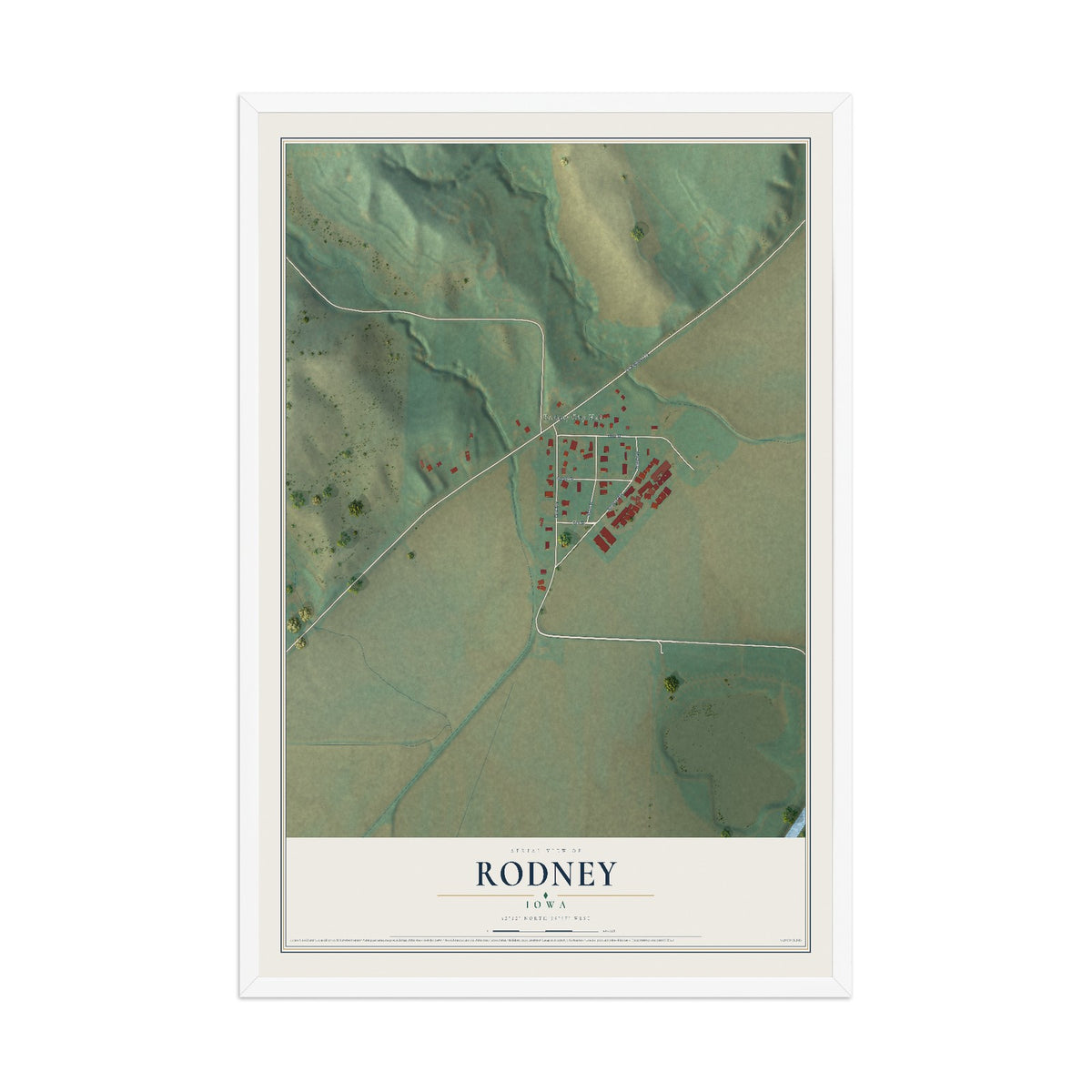 Map of Rodney, Iowa, 12 x 18 inch print in a white wood frame