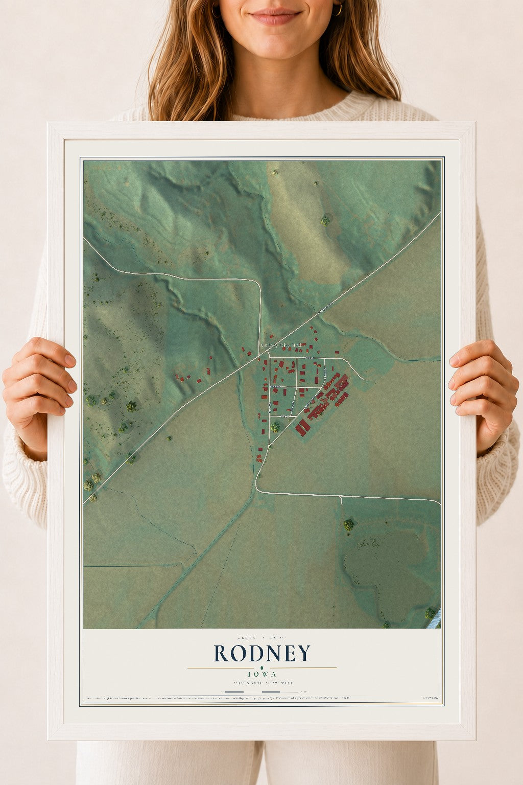 Map of Rodney, Iowa, 18 x 24 inch print in a white wood frame
