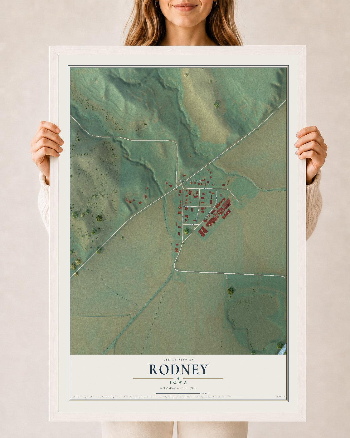 Map of Rodney, Iowa, 24 x 36 inch print in a white wood frame