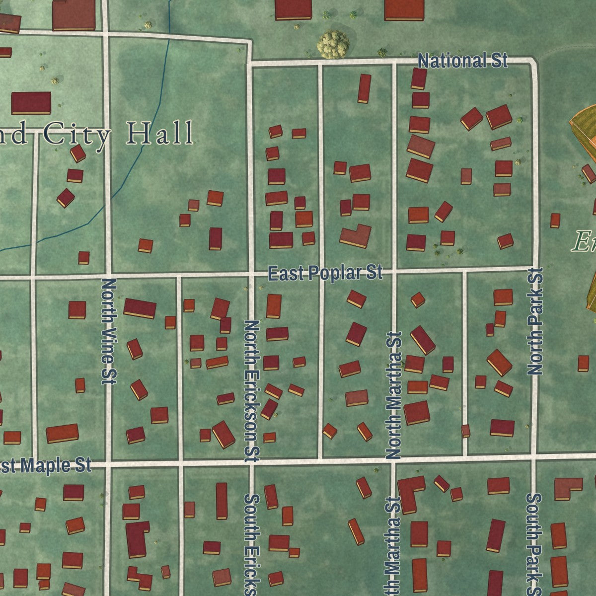 Close-up of the map of Roland, Iowa print showing street and building detail