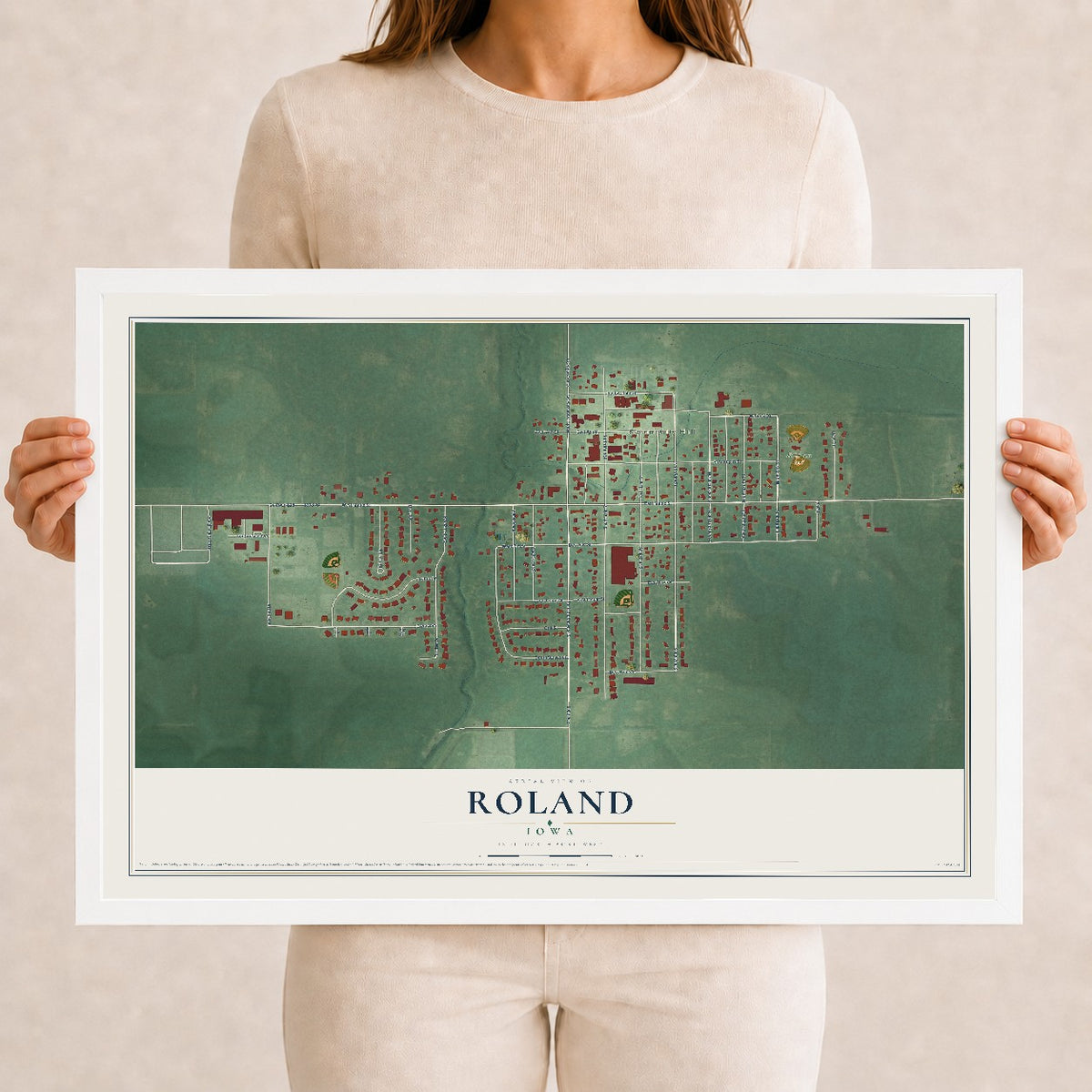 Map of Roland, Iowa, 12 x 18 inch print in a white wood frame