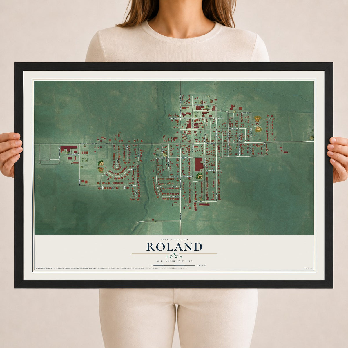 Map of Roland, Iowa, 18 x 24 inch print in a black wood frame