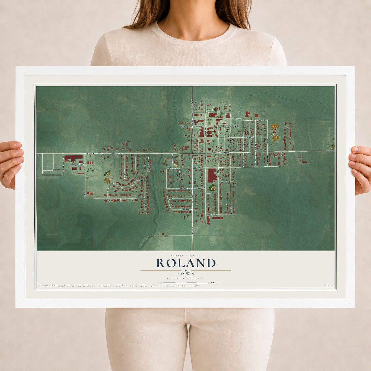 Map of Roland, Iowa, 18 x 24 inch print in a white wood frame