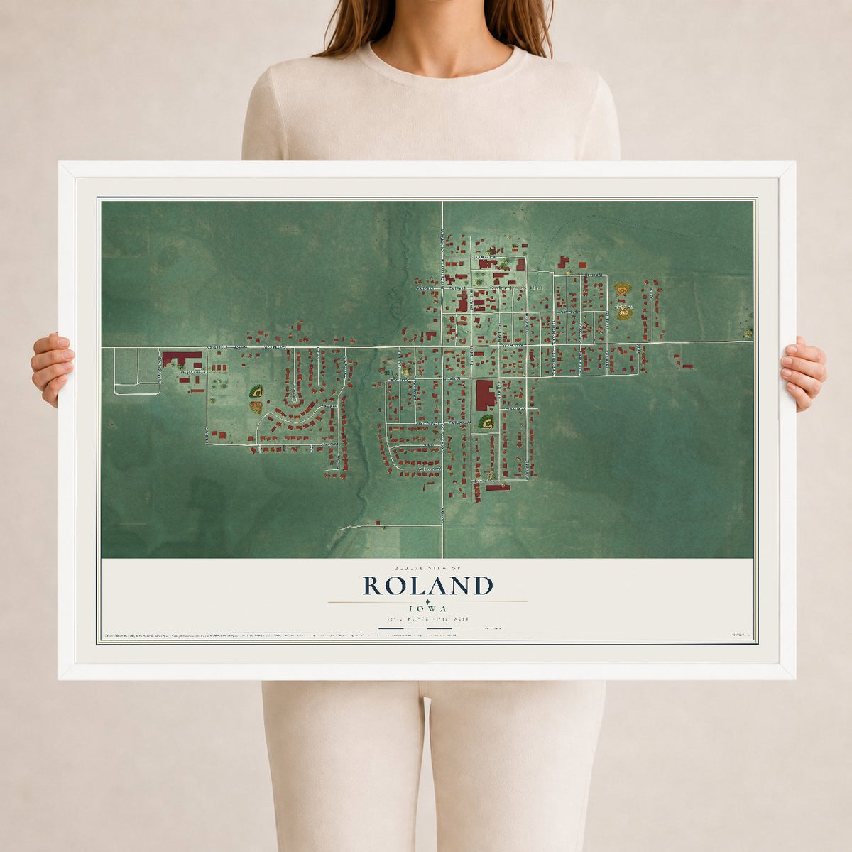 Map of Roland, Iowa, 24 x 36 inch print in a white wood frame