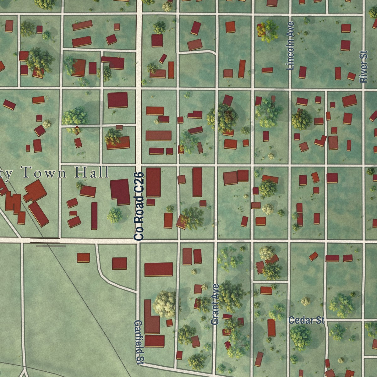 Close-up of the map of Rolfe, Iowa print showing street and building detail
