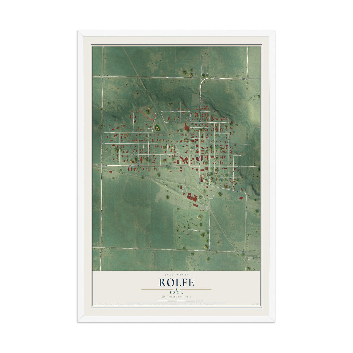Map of Rolfe, Iowa, 12 x 18 inch print in a white wood frame