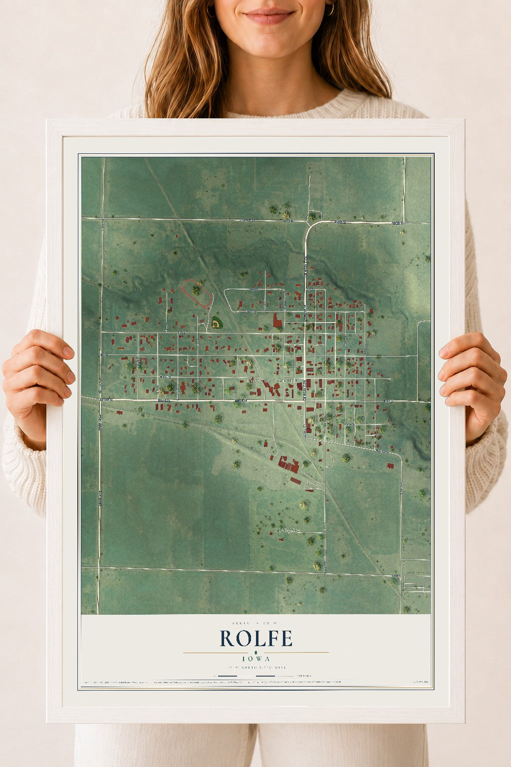 Map of Rolfe, Iowa, 18 x 24 inch print in a white wood frame
