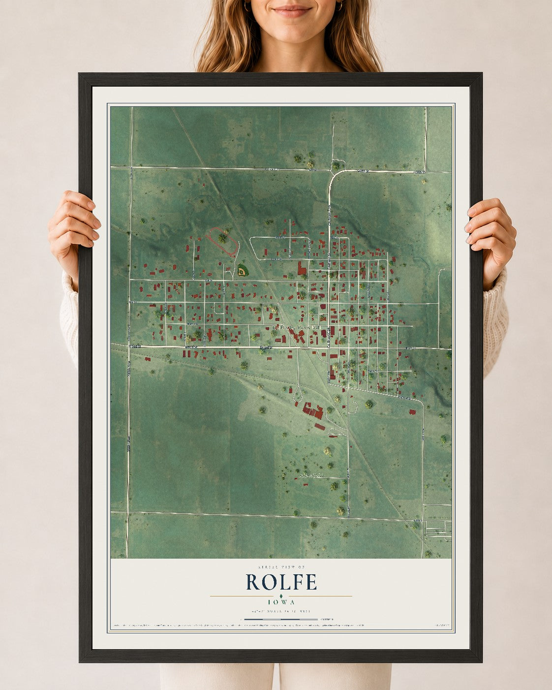 Map of Rolfe, Iowa, 24 x 36 inch print in a black wood frame