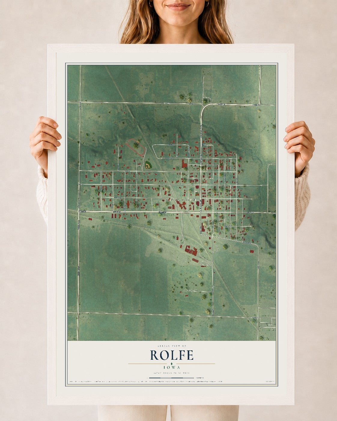 Map of Rolfe, Iowa, 24 x 36 inch print in a white wood frame