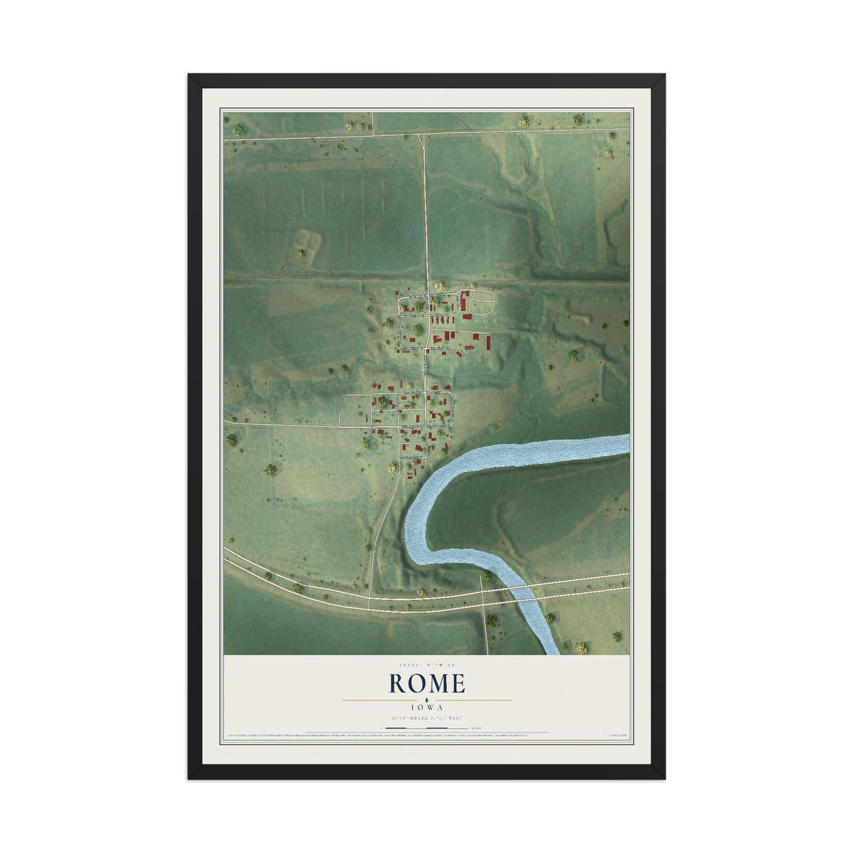 Map of Rome, Iowa, 12 x 18 inch print in a black wood frame