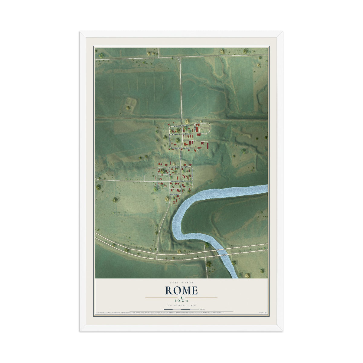 Map of Rome, Iowa, 12 x 18 inch print in a white wood frame