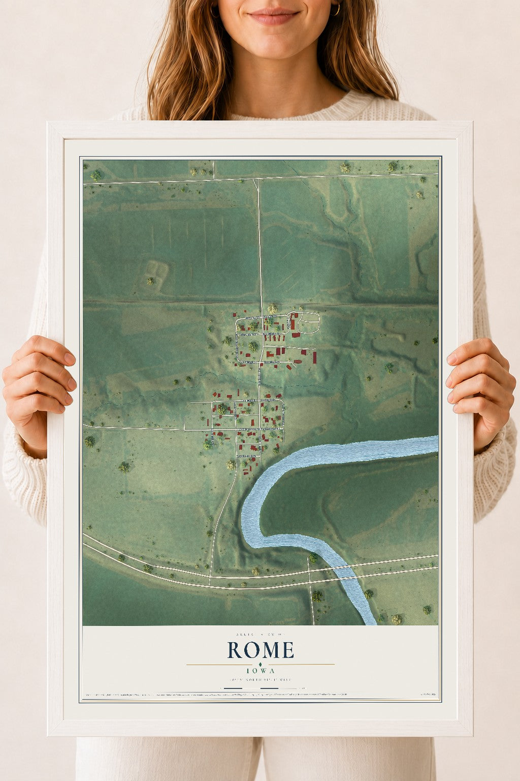 Map of Rome, Iowa, 18 x 24 inch print in a white wood frame