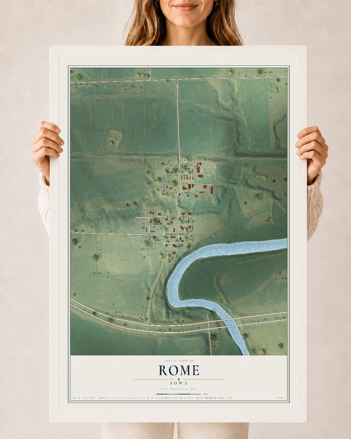 Map of Rome, Iowa, 24 x 36 inch print in a white wood frame