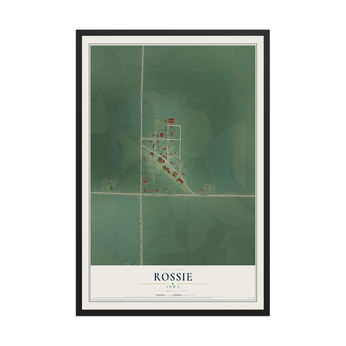 Map of Rossie, Iowa, 12 x 18 inch print in a black wood frame