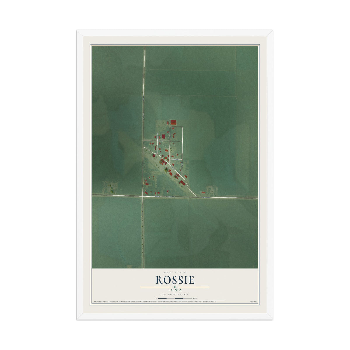 Map of Rossie, Iowa, 12 x 18 inch print in a white wood frame