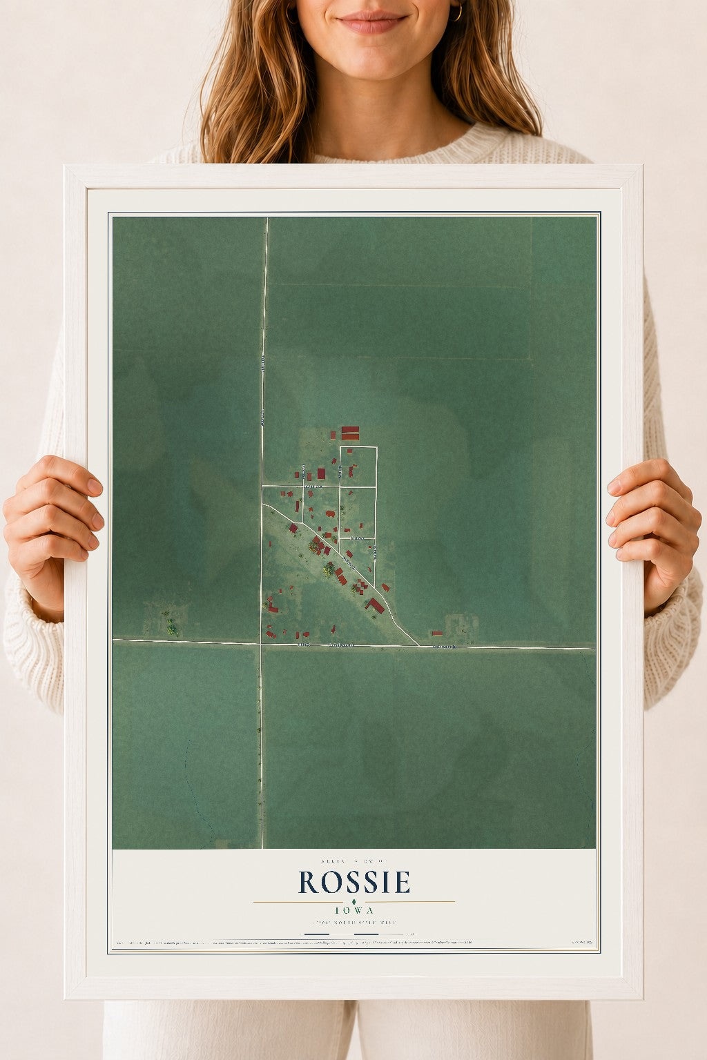 Map of Rossie, Iowa, 18 x 24 inch print in a white wood frame