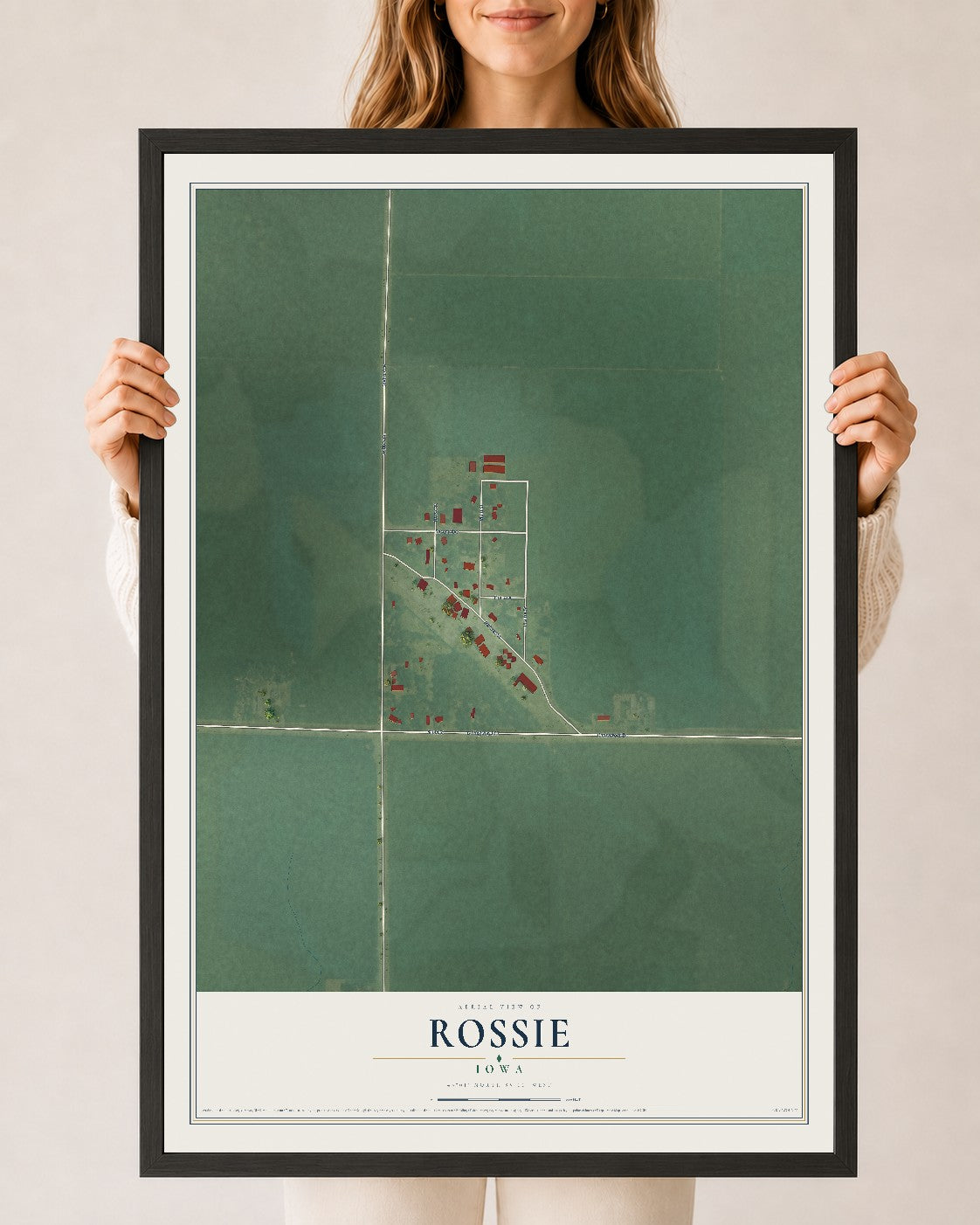 Map of Rossie, Iowa, 24 x 36 inch print in a black wood frame