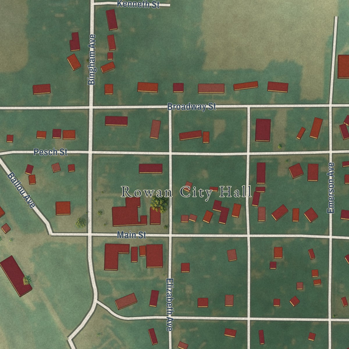 Close-up of the map of Rowan, Iowa print showing street and building detail