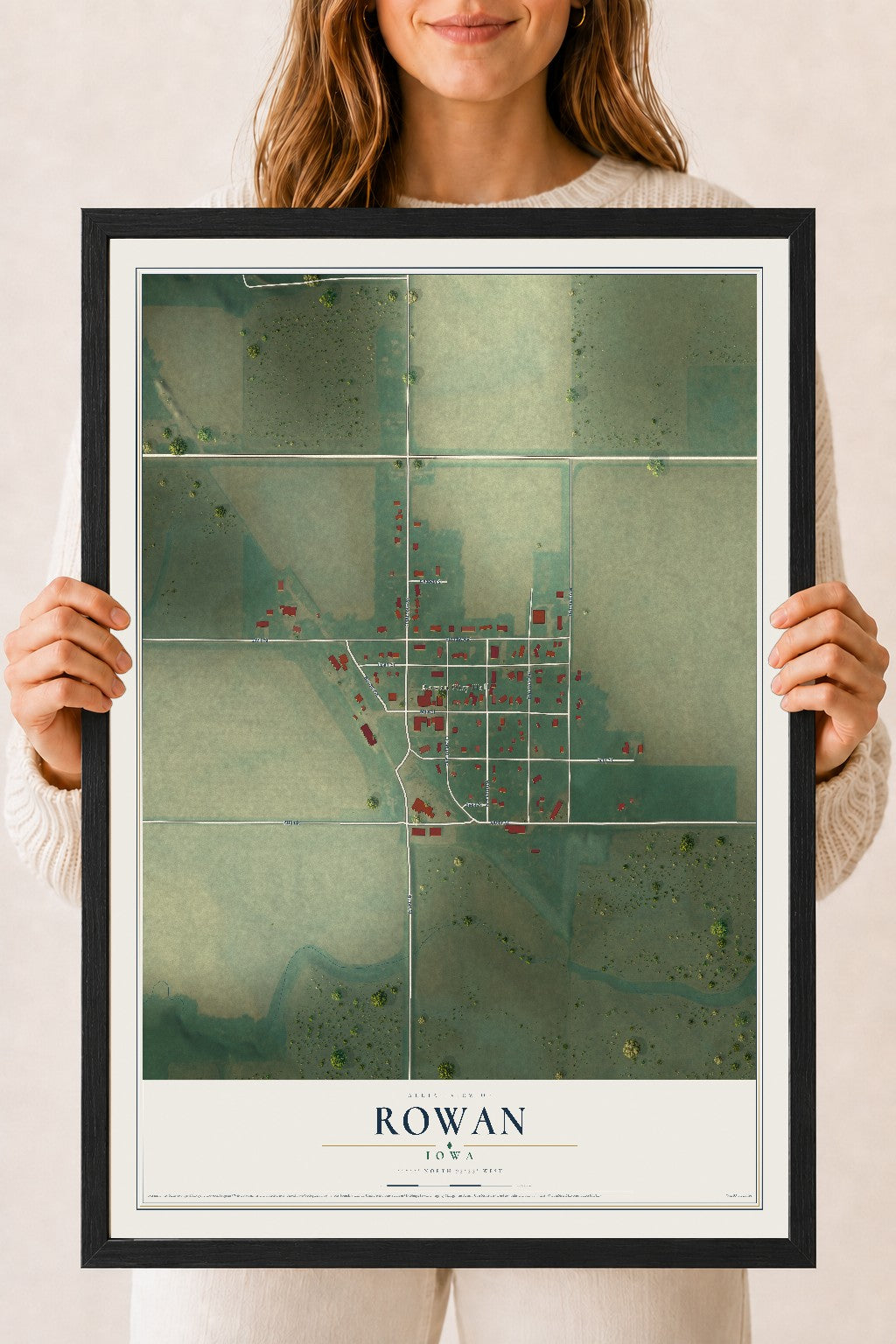 Map of Rowan, Iowa, 18 x 24 inch print in a black wood frame
