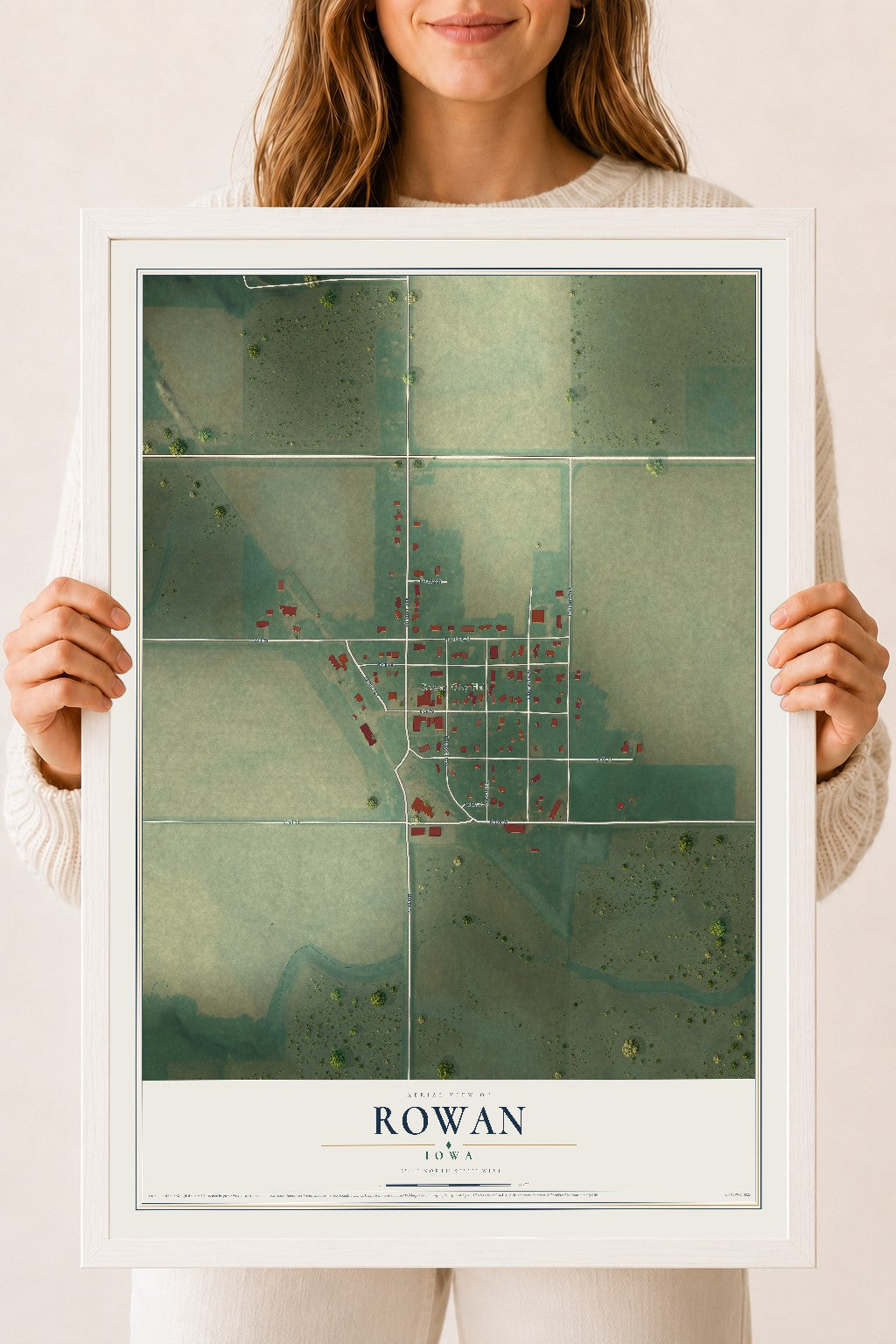Map of Rowan, Iowa, 18 x 24 inch print in a white wood frame
