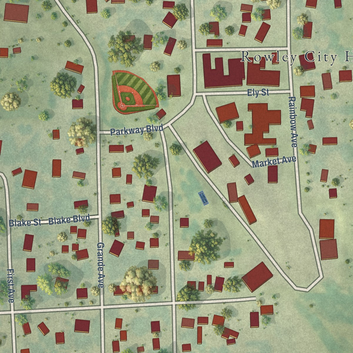 Close-up of the map of Rowley, Iowa print showing street and building detail