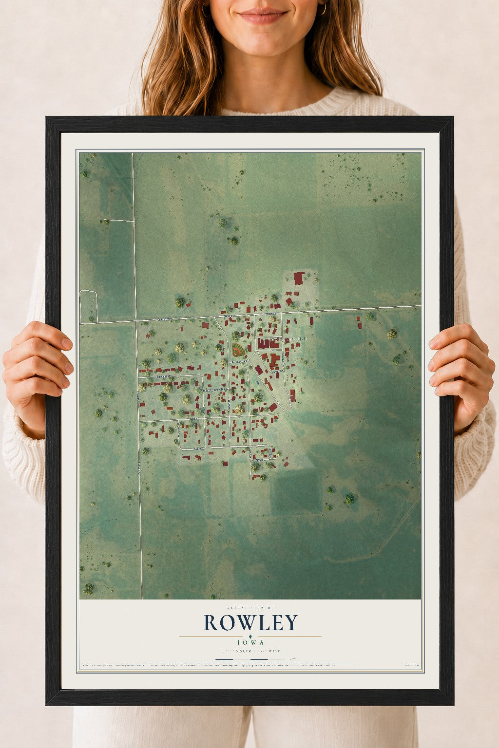 Map of Rowley, Iowa, 18 x 24 inch print in a black wood frame