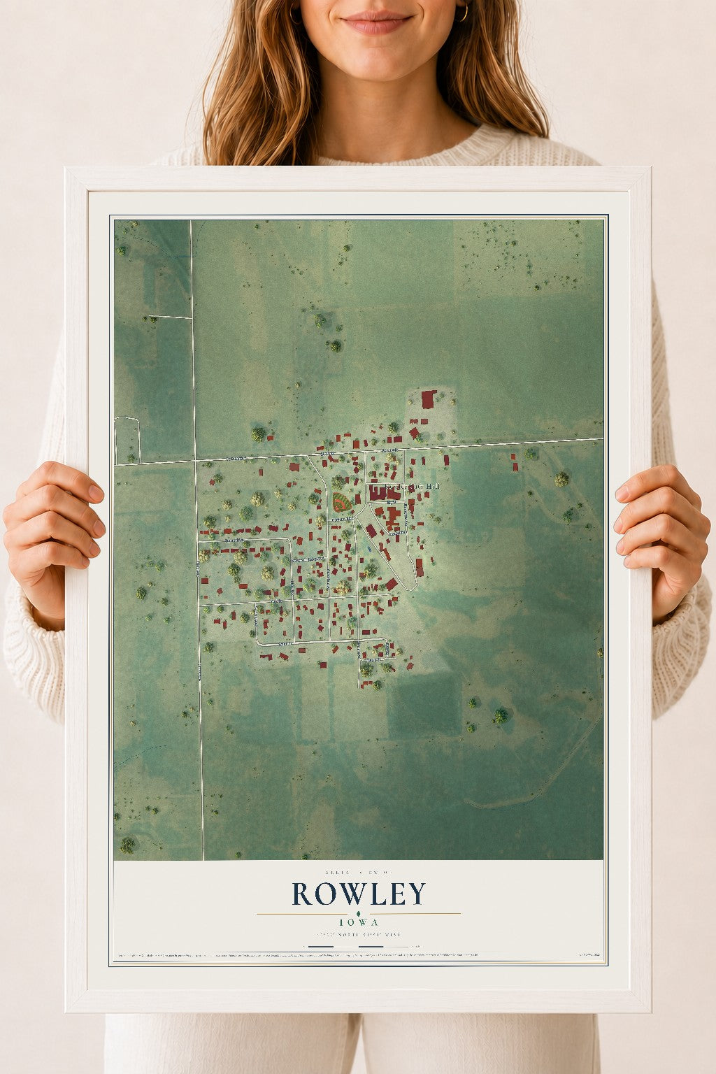 Map of Rowley, Iowa, 18 x 24 inch print in a white wood frame