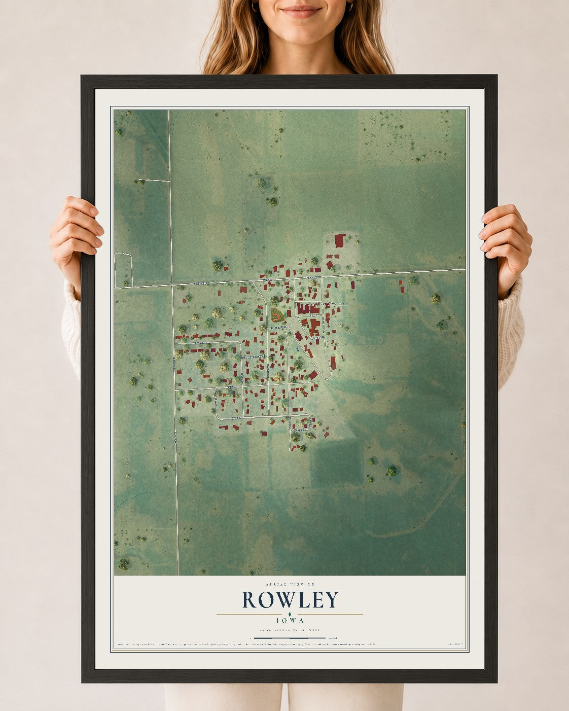 Map of Rowley, Iowa, 24 x 36 inch print in a black wood frame