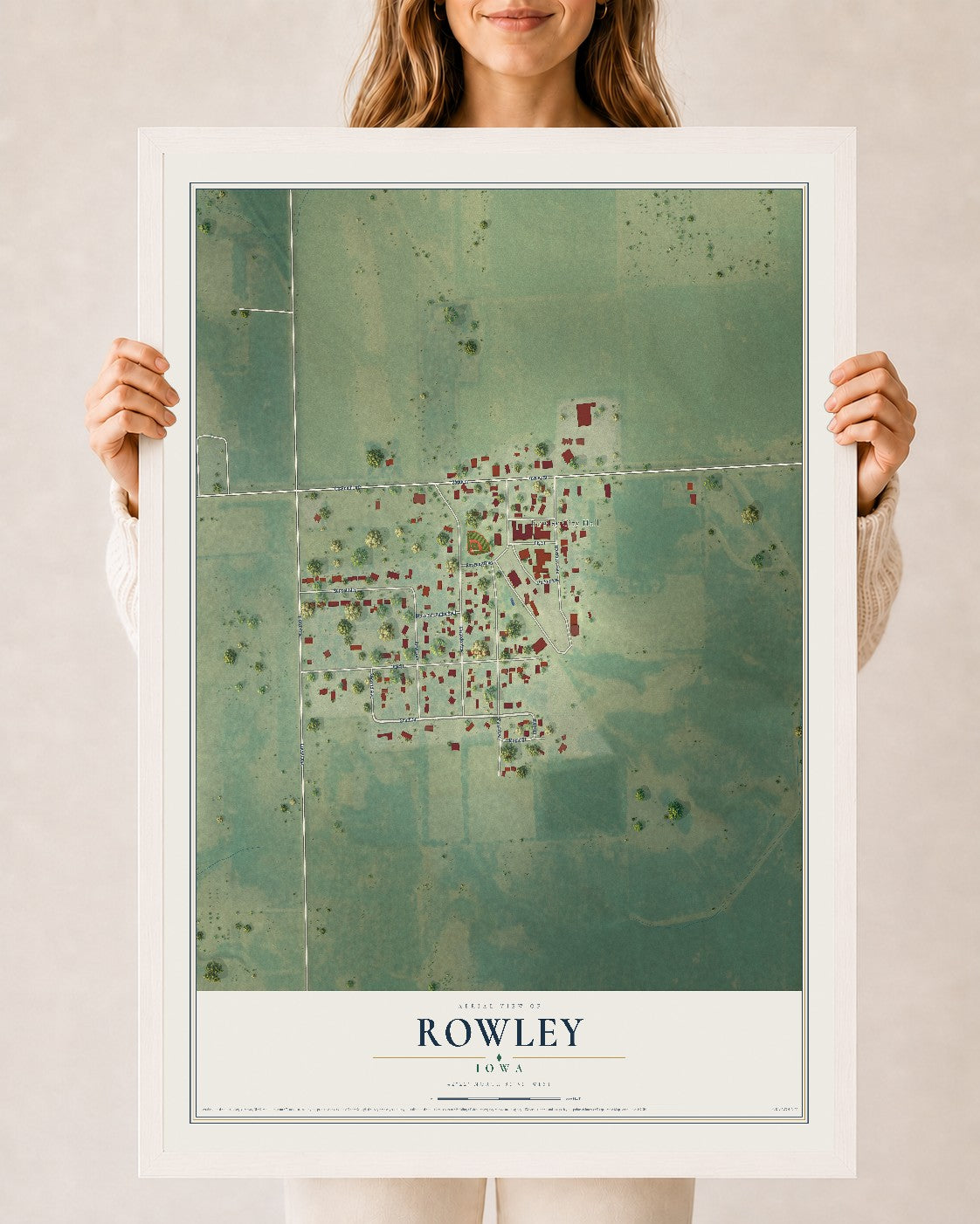 Map of Rowley, Iowa, 24 x 36 inch print in a white wood frame