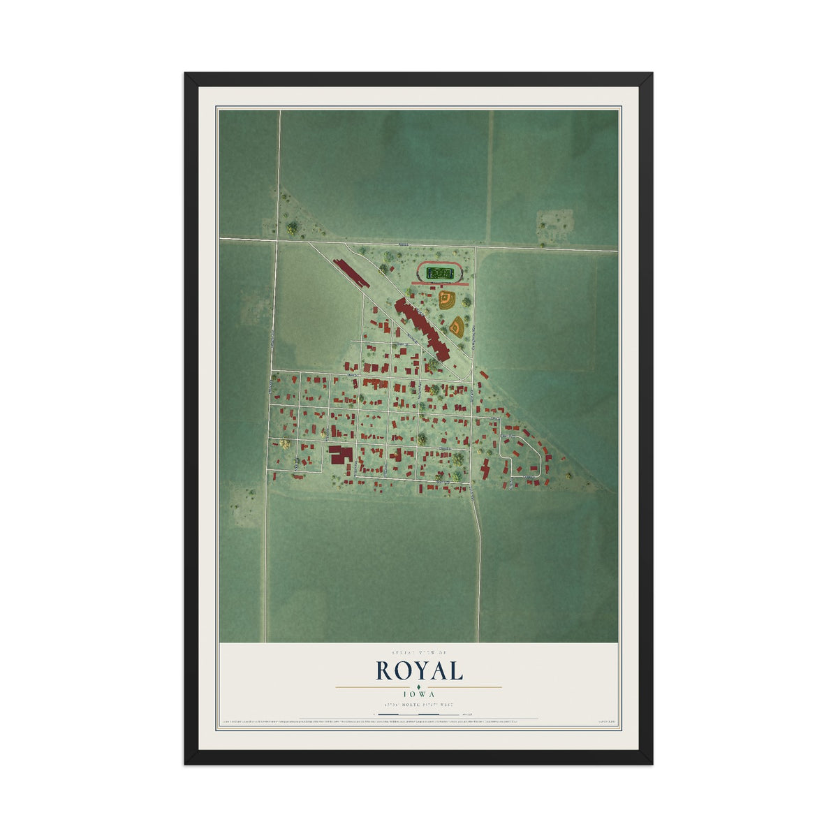 Map of Royal, Iowa, 12 x 18 inch print in a black wood frame