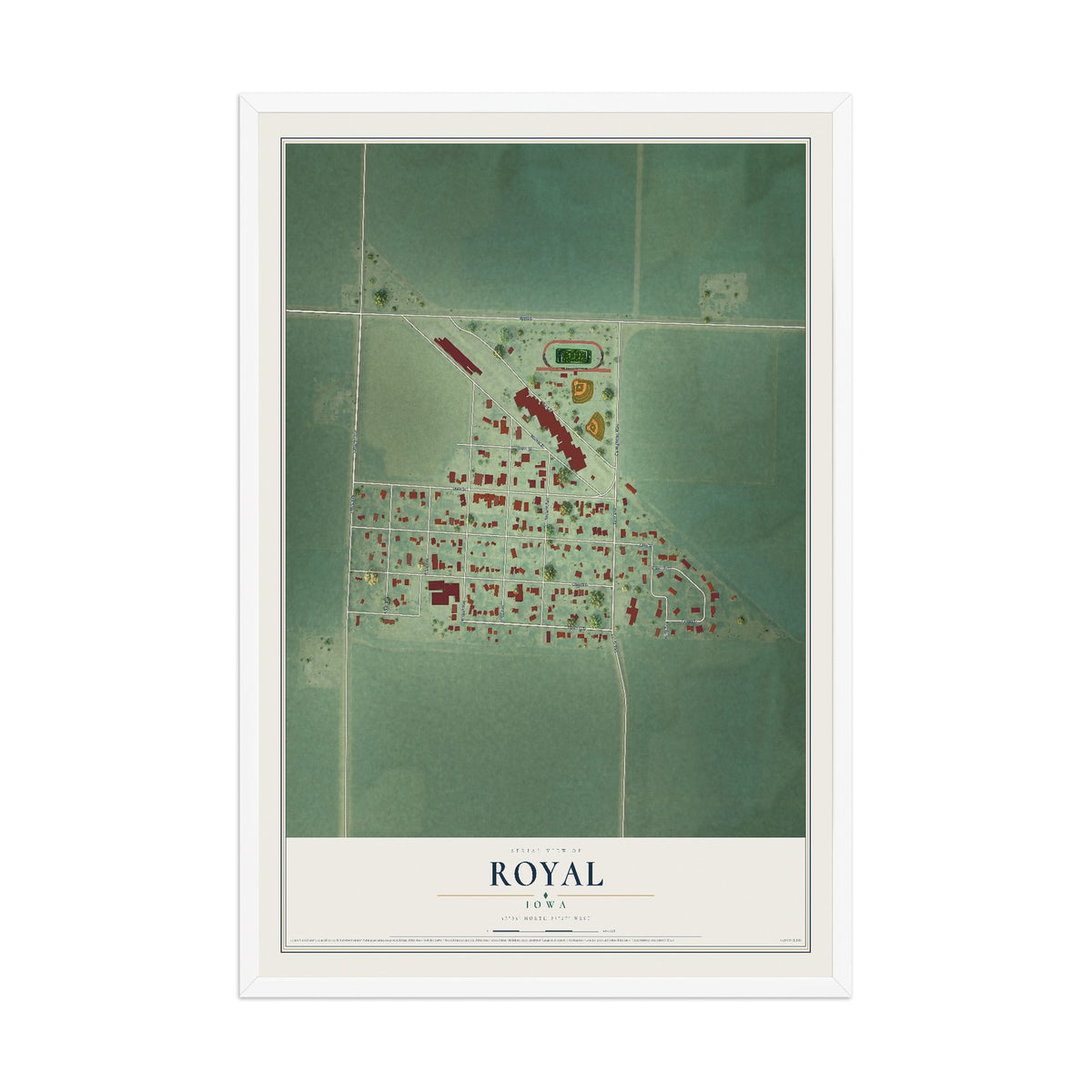 Map of Royal, Iowa, 12 x 18 inch print in a white wood frame