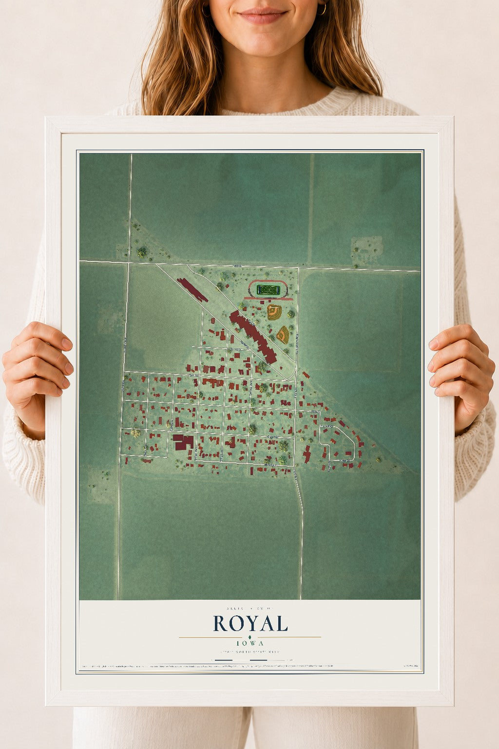 Map of Royal, Iowa, 18 x 24 inch print in a white wood frame
