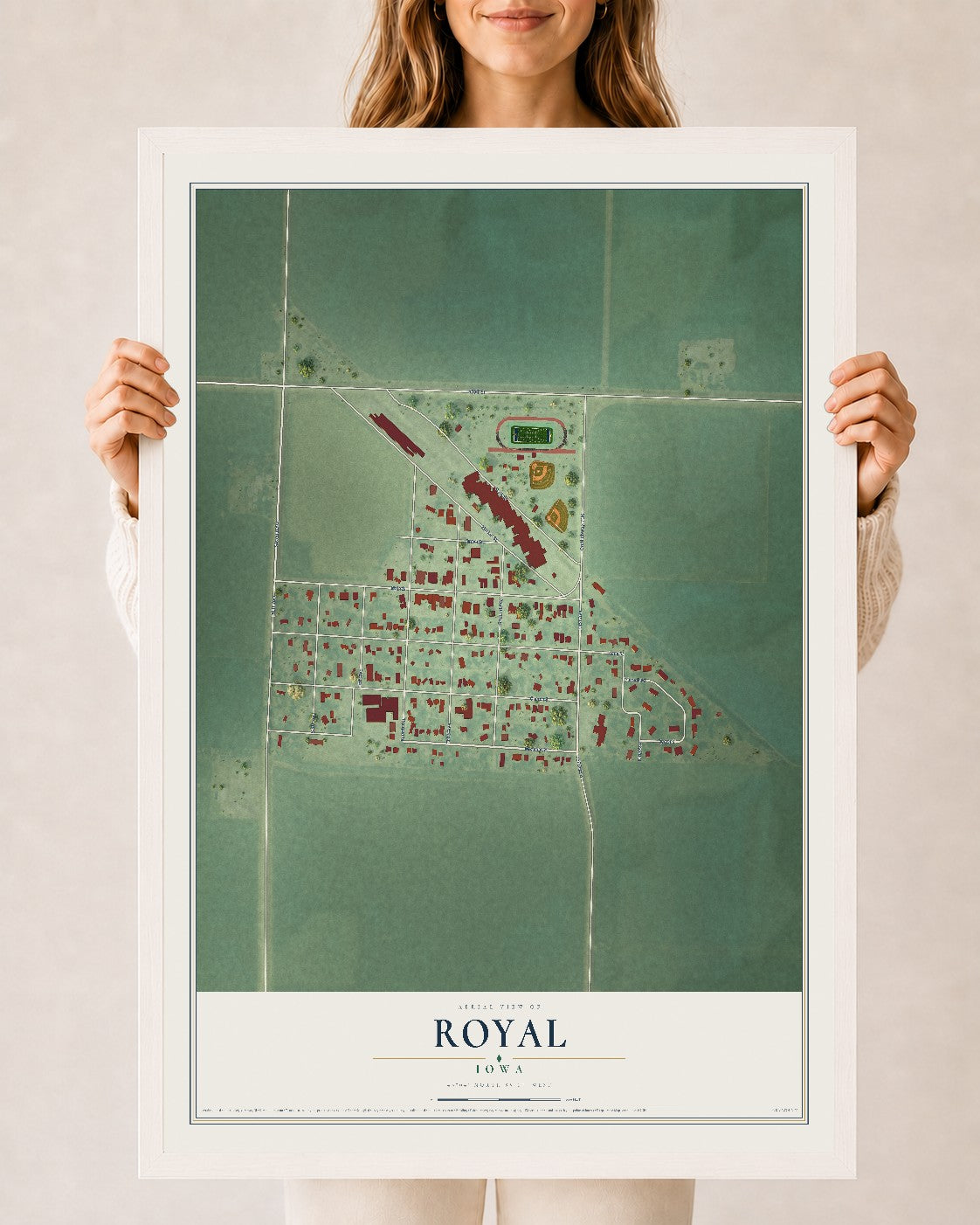 Map of Royal, Iowa, 24 x 36 inch print in a white wood frame